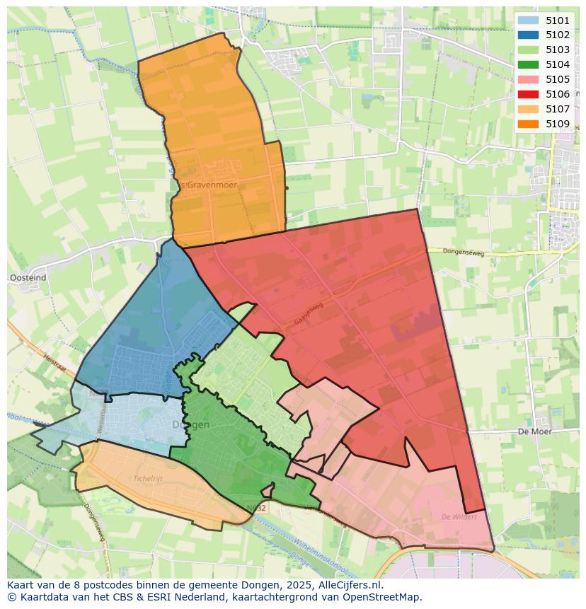 Afbeelding van de postcodes in de gemeente Dongen op de kaart.