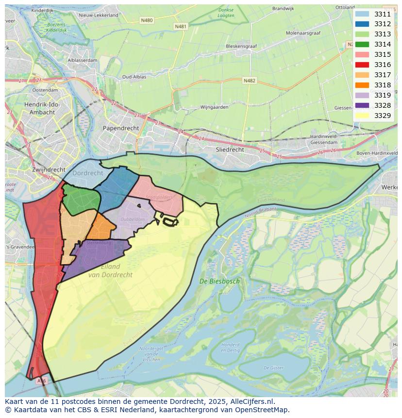 Afbeelding van de postcodes in de gemeente Dordrecht op de kaart.