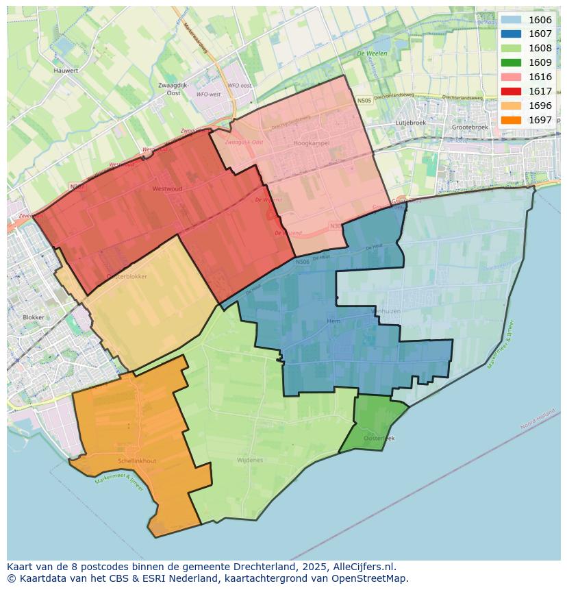 Afbeelding van de postcodes in de gemeente Drechterland op de kaart.