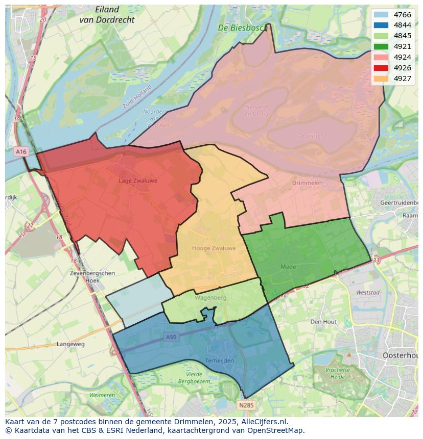 Afbeelding van de postcodes in de gemeente Drimmelen op de kaart.