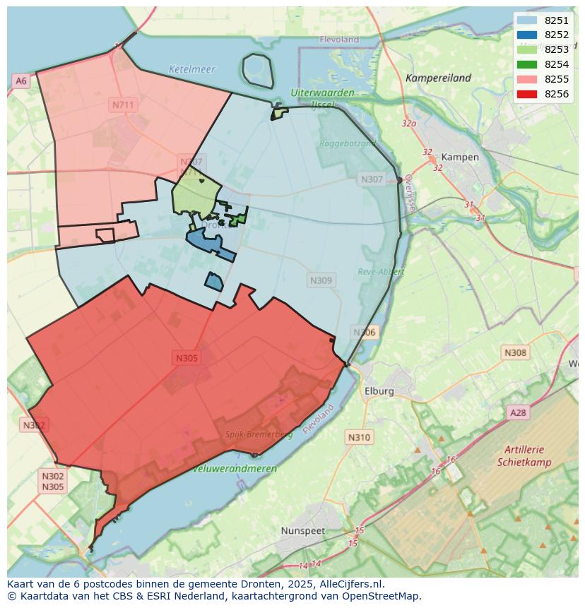 Afbeelding van de postcodes in de gemeente Dronten op de kaart.
