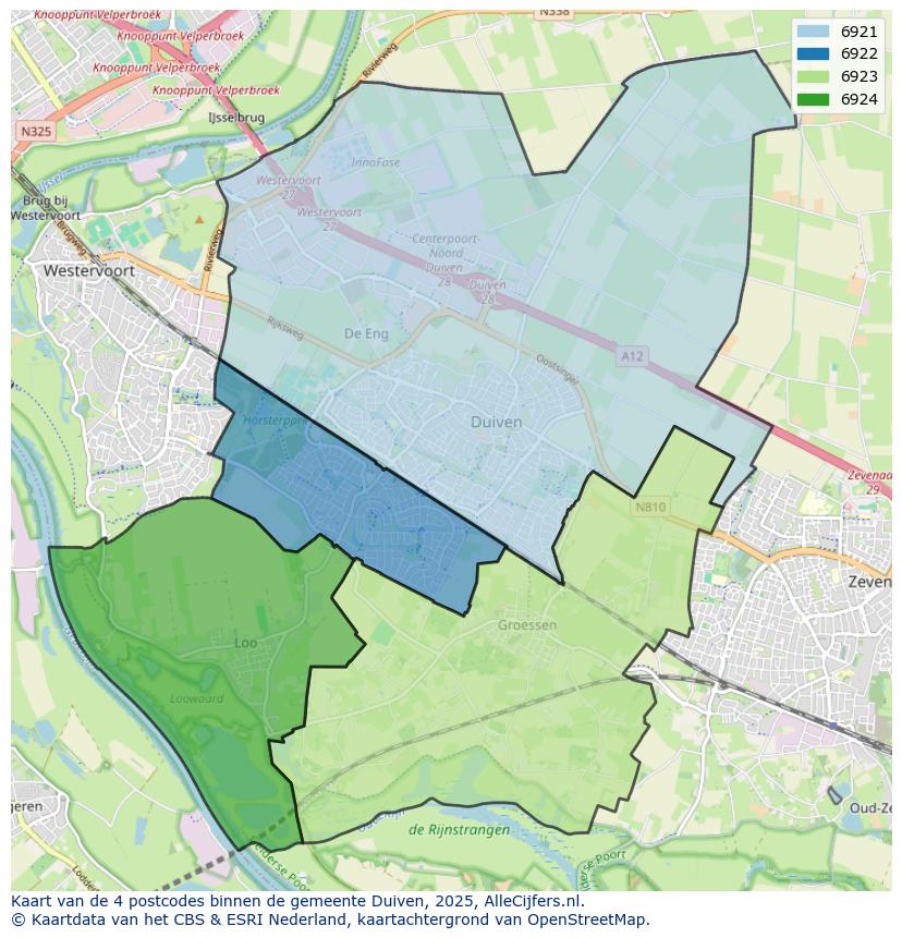 Afbeelding van de postcodes in de gemeente Duiven op de kaart.