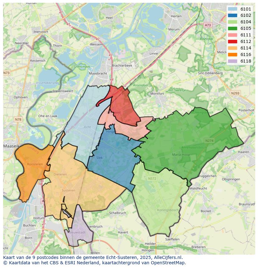 Afbeelding van de postcodes in de gemeente Echt-Susteren op de kaart.