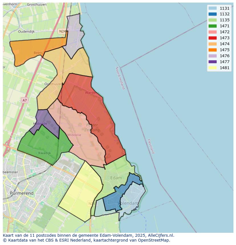 Afbeelding van de postcodes in de gemeente Edam-Volendam op de kaart.
