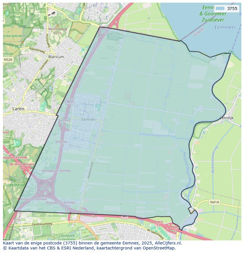 Afbeelding van de postcodes in de gemeente Eemnes op de kaart.