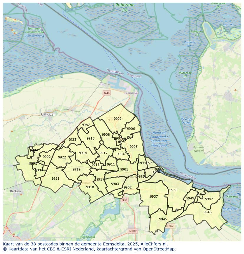 Afbeelding van de postcodes in de gemeente Eemsdelta op de kaart.