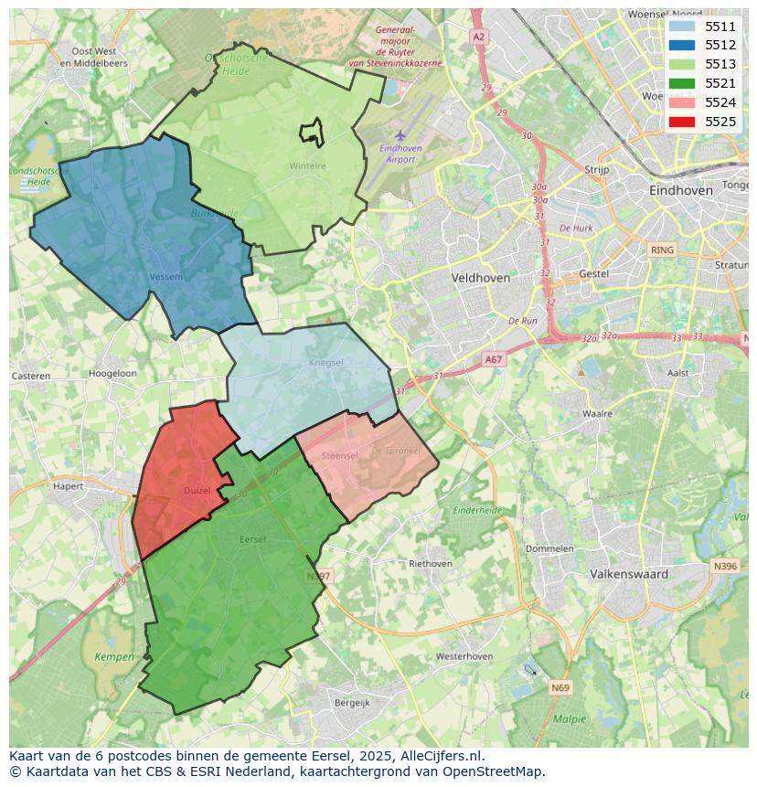Afbeelding van de postcodes in de gemeente Eersel op de kaart.