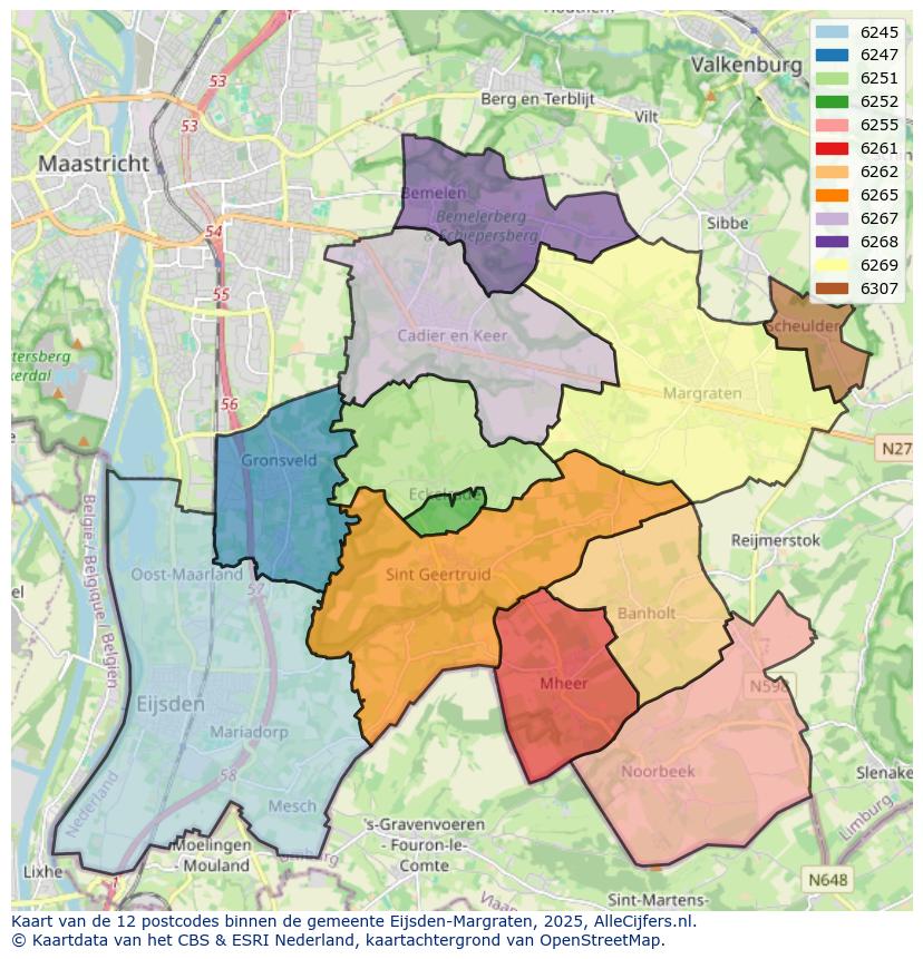 Afbeelding van de postcodes in de gemeente Eijsden-Margraten op de kaart.
