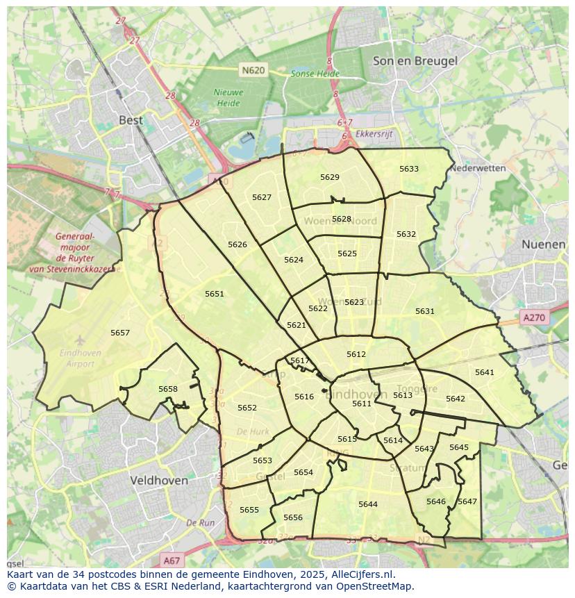Afbeelding van de postcodes in de gemeente Eindhoven op de kaart.