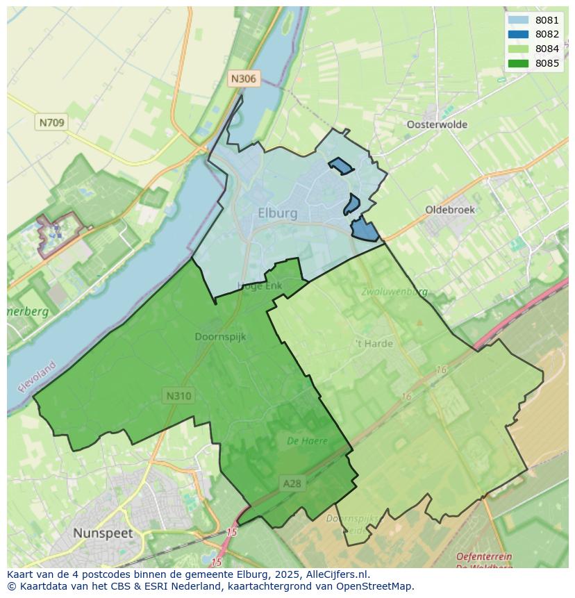 Afbeelding van de postcodes in de gemeente Elburg op de kaart.