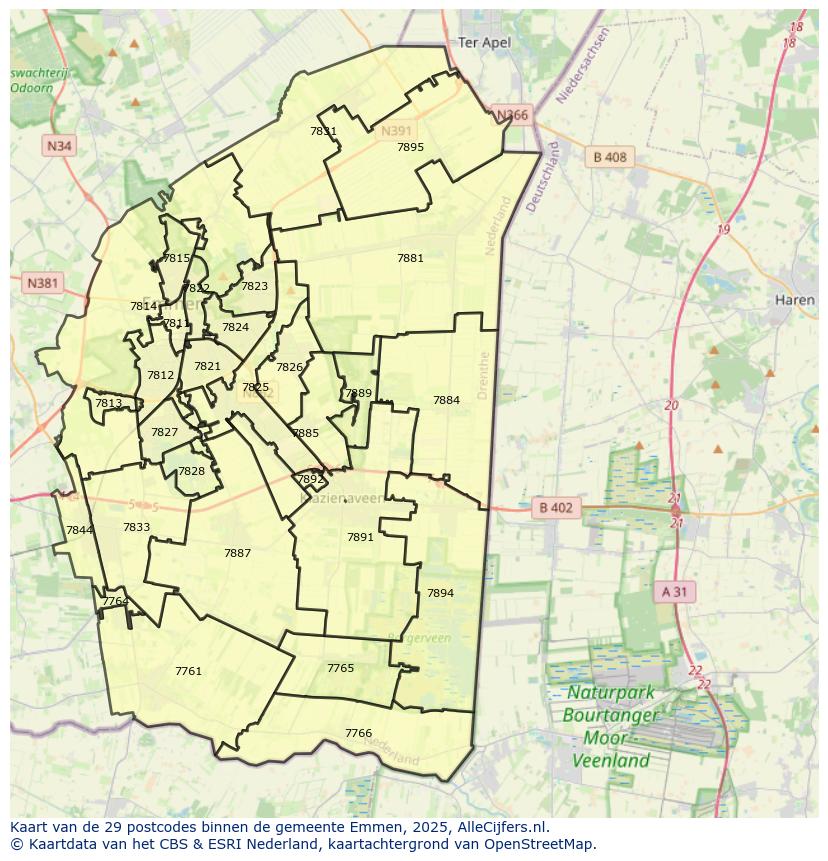 Afbeelding van de postcodes in de gemeente Emmen op de kaart.