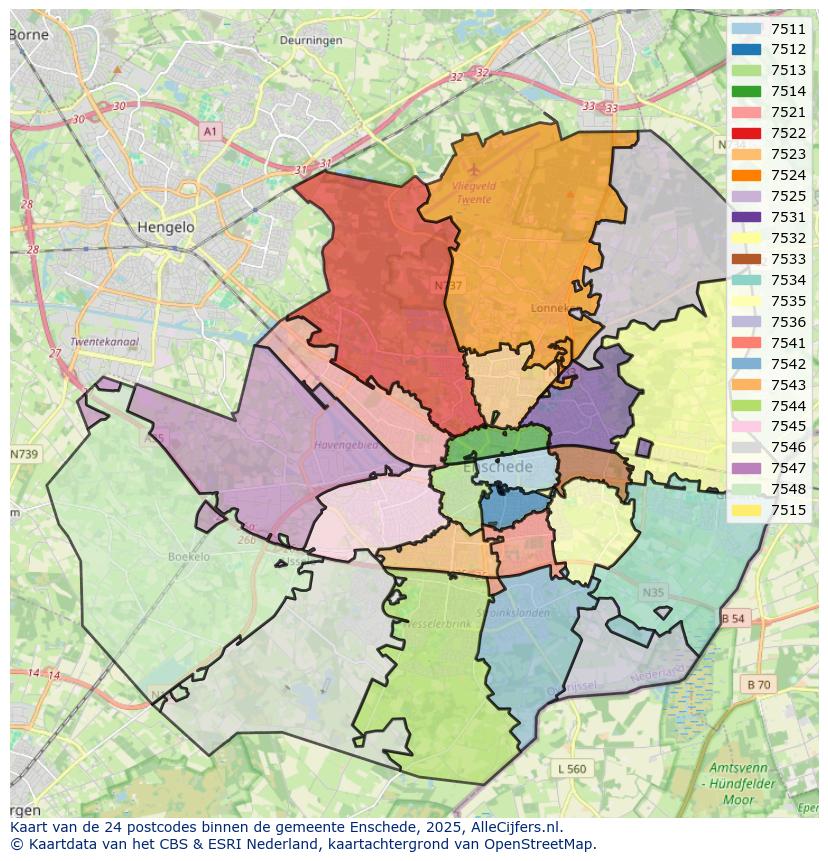 Afbeelding van de postcodes in de gemeente Enschede op de kaart.