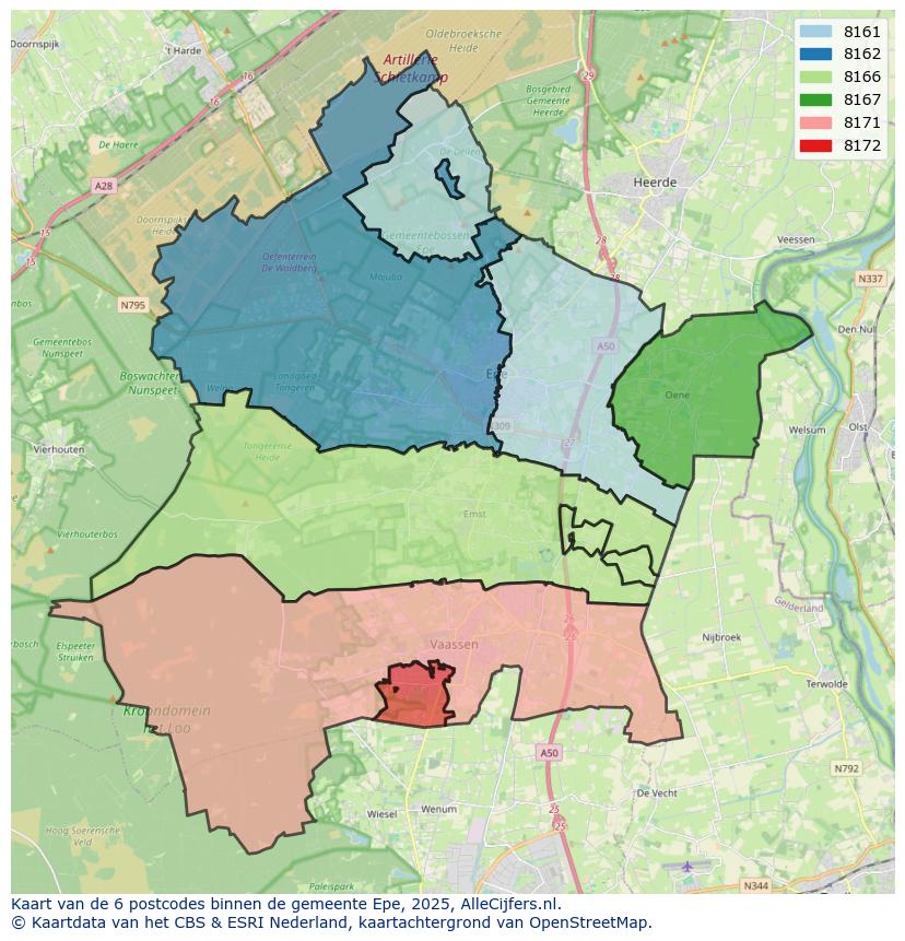 Afbeelding van de postcodes in de gemeente Epe op de kaart.