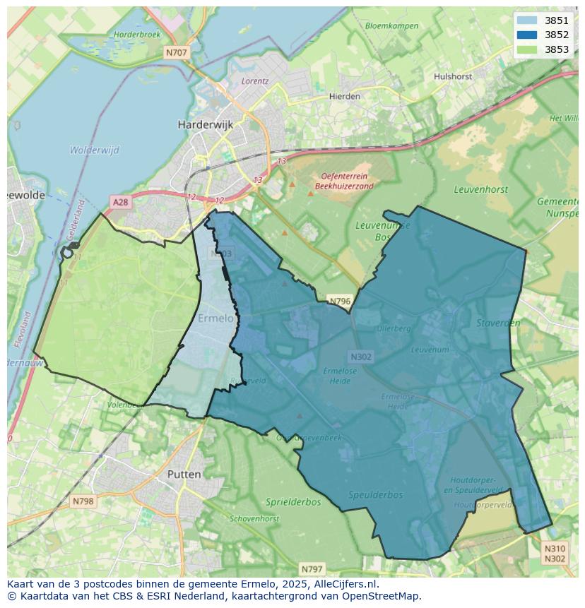 Afbeelding van de postcodes in de gemeente Ermelo op de kaart.