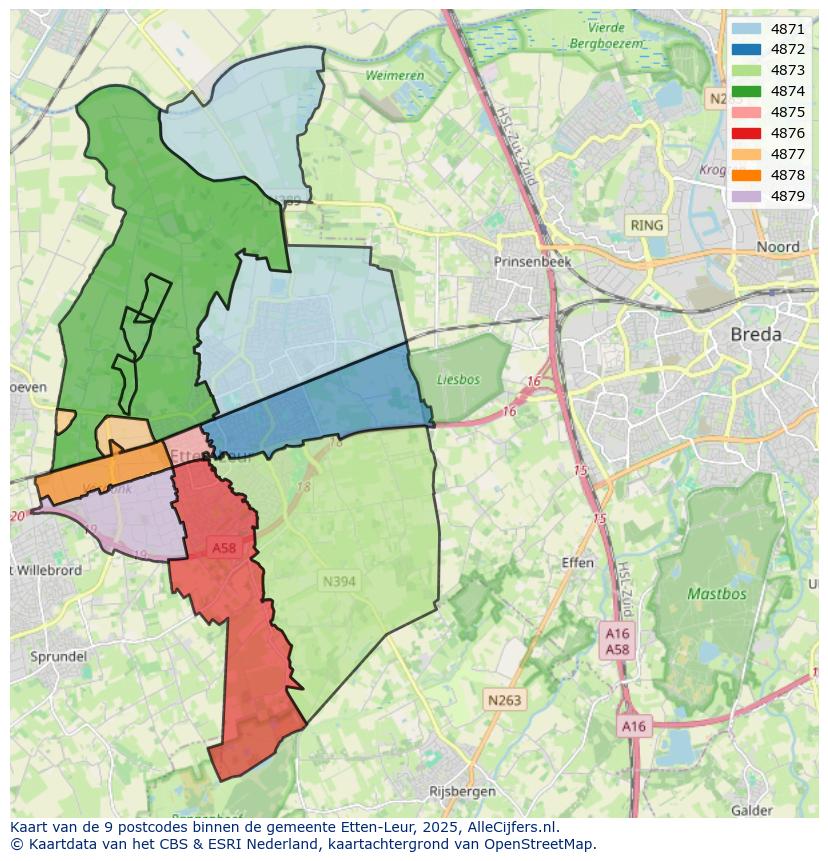 Afbeelding van de postcodes in de gemeente Etten-Leur op de kaart.