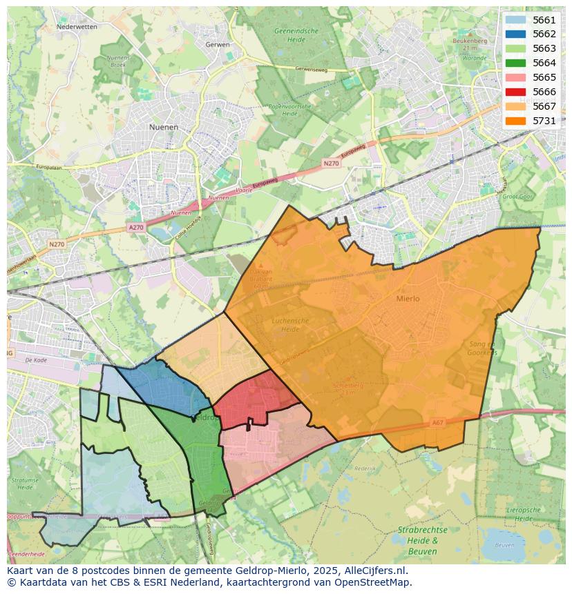 Afbeelding van de postcodes in de gemeente Geldrop-Mierlo op de kaart.