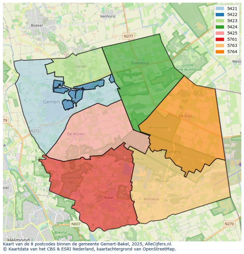 Afbeelding van de postcodes in de gemeente Gemert-Bakel op de kaart.