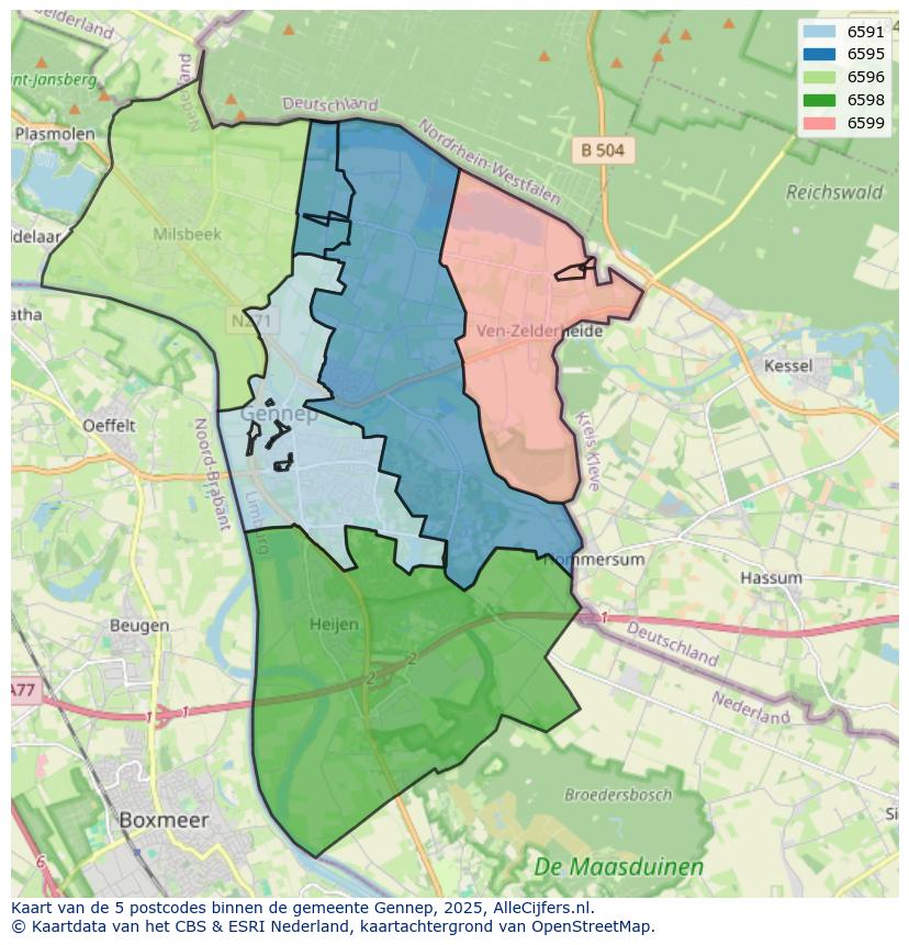 Afbeelding van de postcodes in de gemeente Gennep op de kaart.
