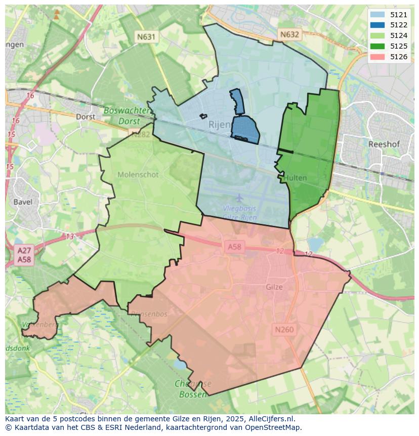 Afbeelding van de postcodes in de gemeente Gilze en Rijen op de kaart.