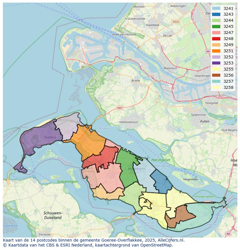 Afbeelding van de postcodes in de gemeente Goeree-Overflakkee op de kaart.