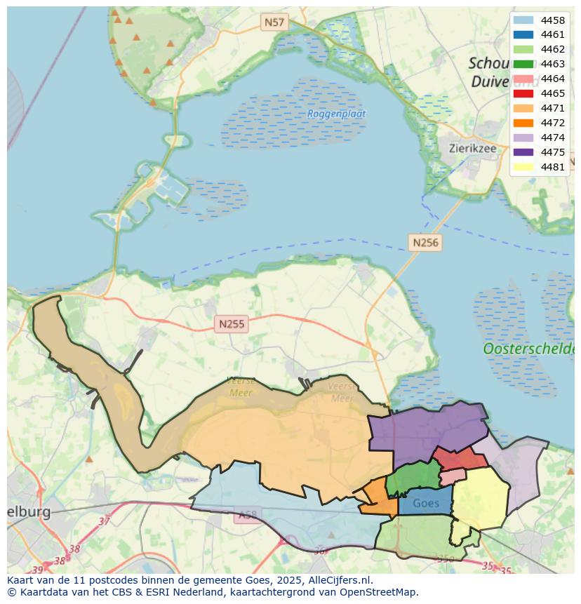 Afbeelding van de postcodes in de gemeente Goes op de kaart.