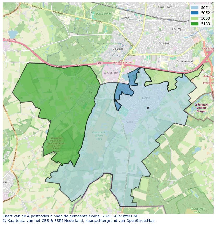Afbeelding van de postcodes in de gemeente Goirle op de kaart.