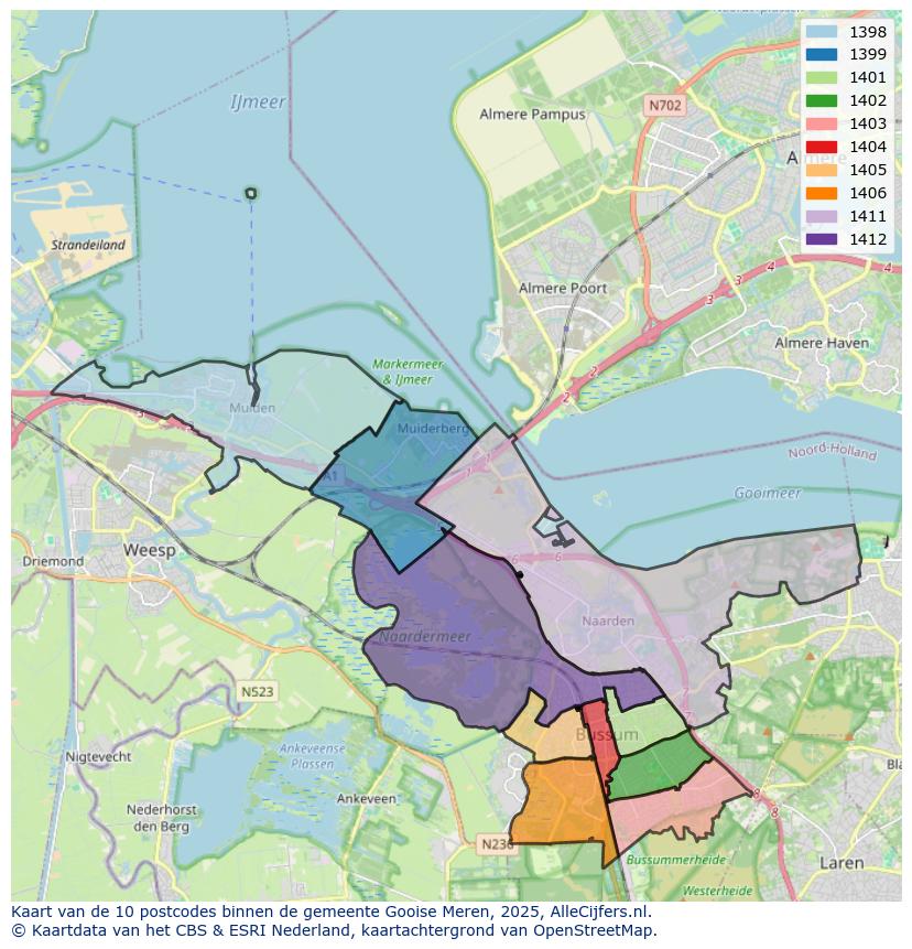Afbeelding van de postcodes in de gemeente Gooise Meren op de kaart.