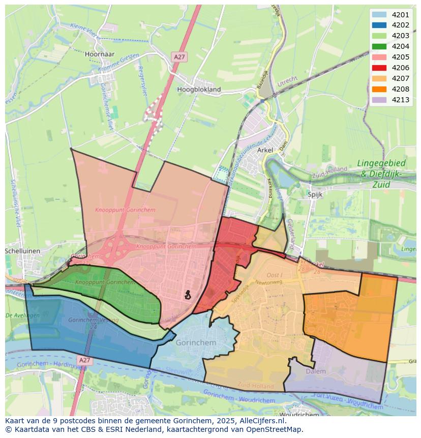 Afbeelding van de postcodes in de gemeente Gorinchem op de kaart.