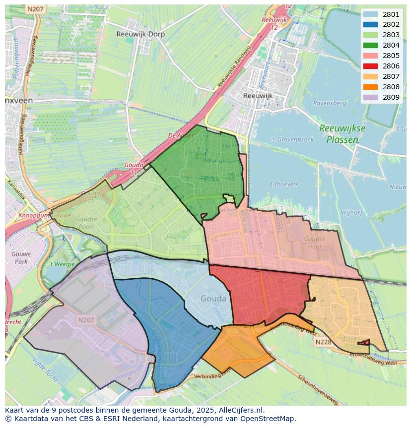 Afbeelding van de postcodes in de gemeente Gouda op de kaart.