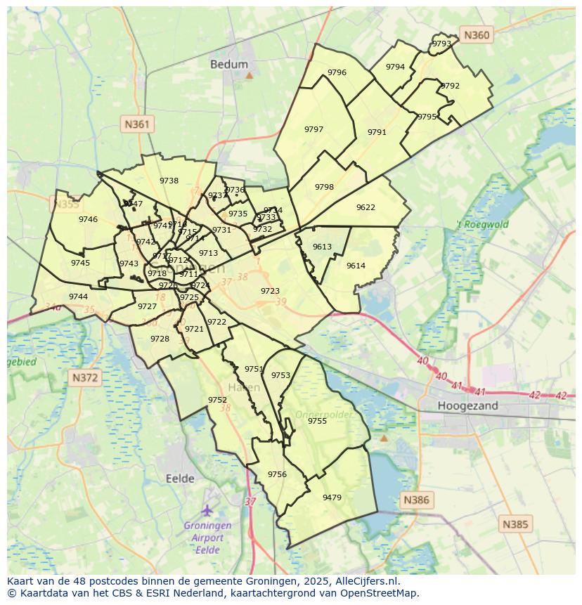 Afbeelding van de postcodes in de gemeente Groningen op de kaart.