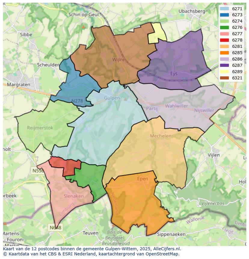Afbeelding van de postcodes in de gemeente Gulpen-Wittem op de kaart.