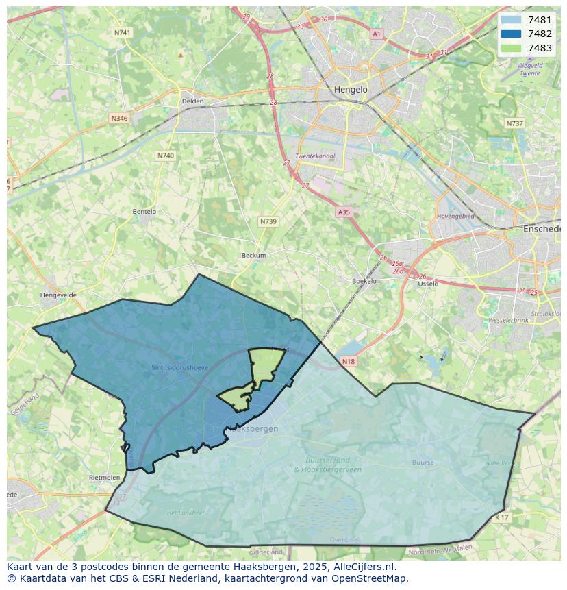 Afbeelding van de postcodes in de gemeente Haaksbergen op de kaart.