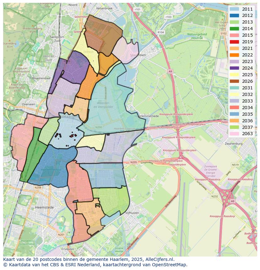 Afbeelding van de postcodes in de gemeente Haarlem op de kaart.