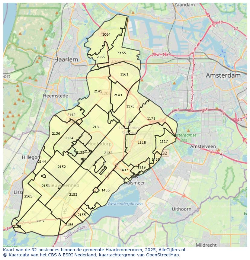 Afbeelding van de postcodes in de gemeente Haarlemmermeer op de kaart.