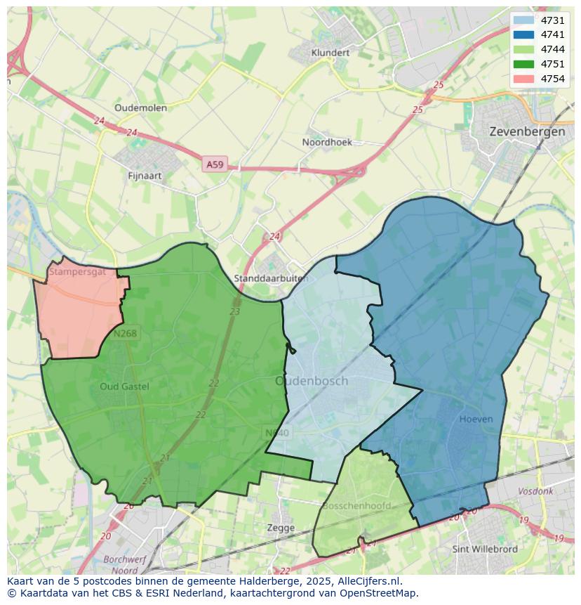 Afbeelding van de postcodes in de gemeente Halderberge op de kaart.