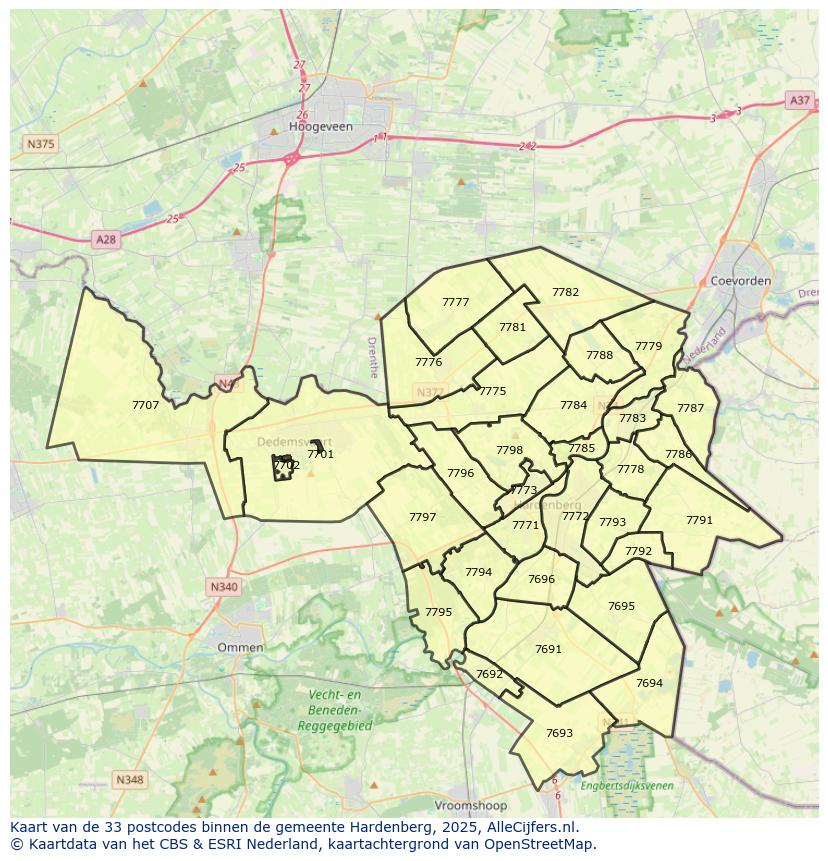 Afbeelding van de postcodes in de gemeente Hardenberg op de kaart.