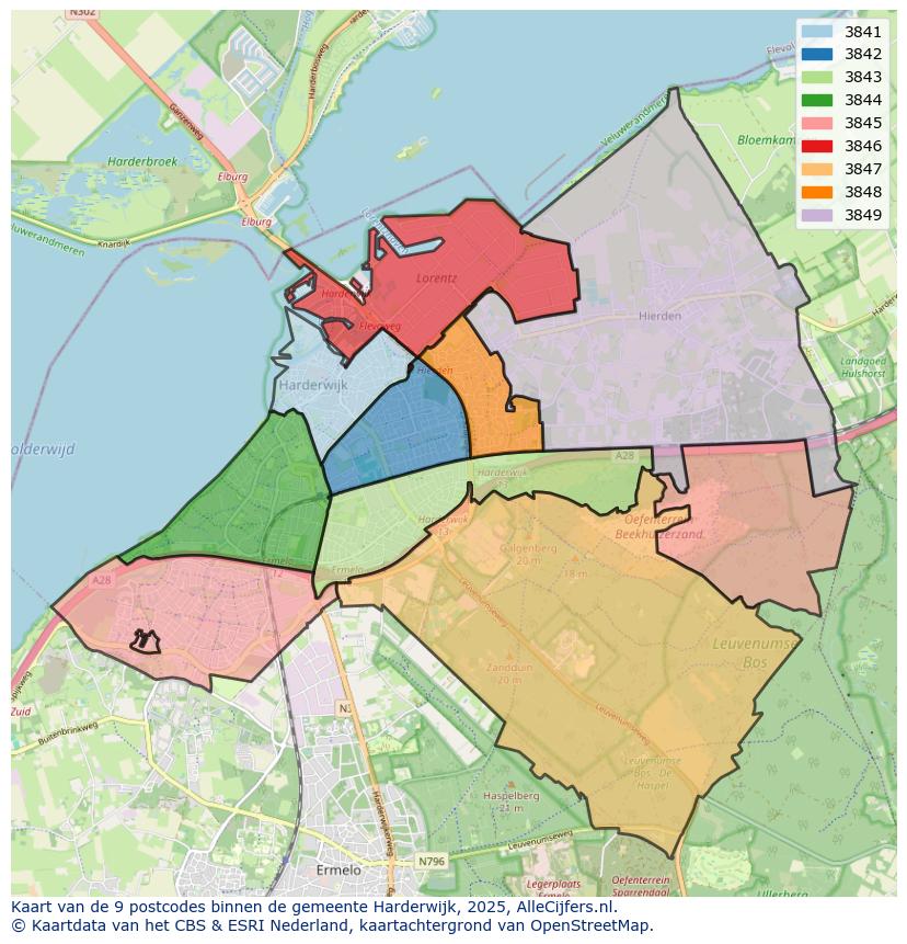 Afbeelding van de postcodes in de gemeente Harderwijk op de kaart.