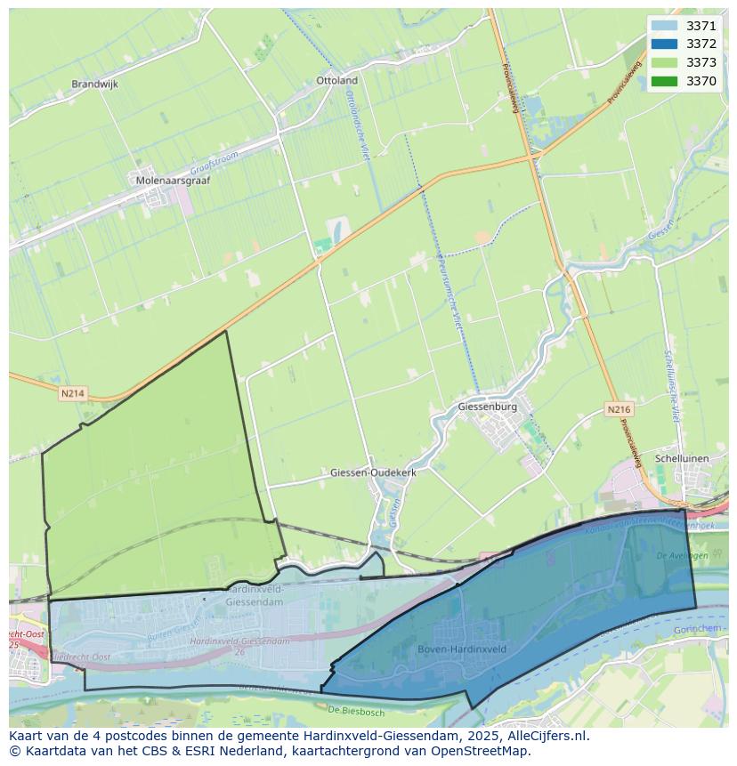 Afbeelding van de postcodes in de gemeente Hardinxveld-Giessendam op de kaart.
