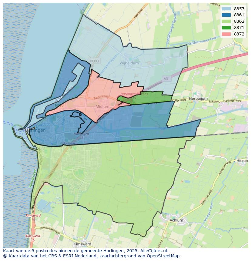 Afbeelding van de postcodes in de gemeente Harlingen op de kaart.