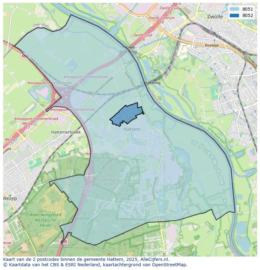 Afbeelding van de postcodes in de gemeente Hattem op de kaart.