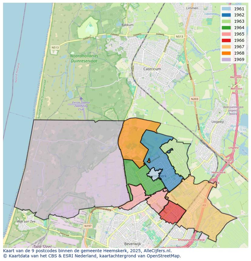 Afbeelding van de postcodes in de gemeente Heemskerk op de kaart.