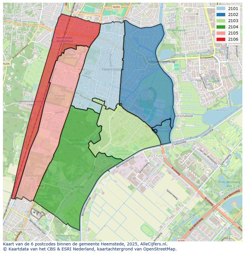 Afbeelding van de postcodes in de gemeente Heemstede op de kaart.