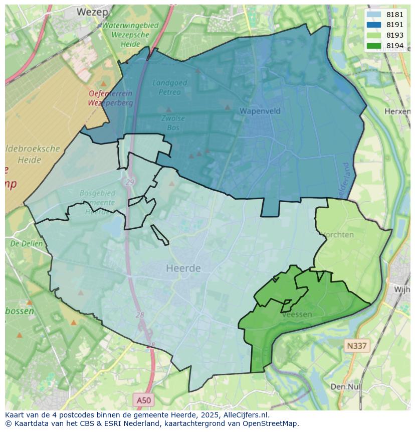 Afbeelding van de postcodes in de gemeente Heerde op de kaart.