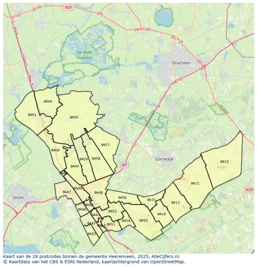 Afbeelding van de postcodes in de gemeente Heerenveen op de kaart.