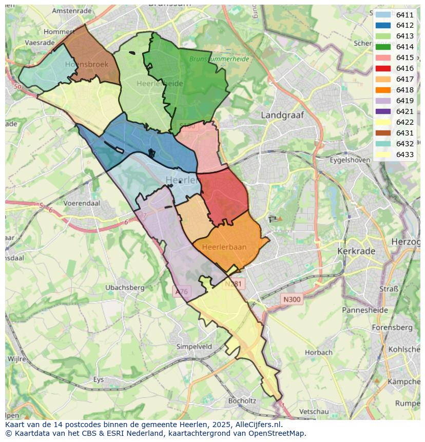 Afbeelding van de postcodes in de gemeente Heerlen op de kaart.