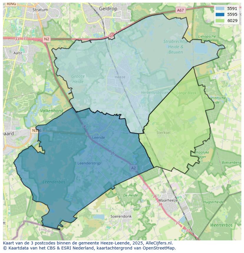 Afbeelding van de postcodes in de gemeente Heeze-Leende op de kaart.