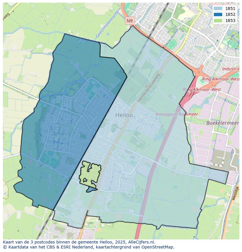 Afbeelding van de postcodes in de gemeente Heiloo op de kaart.