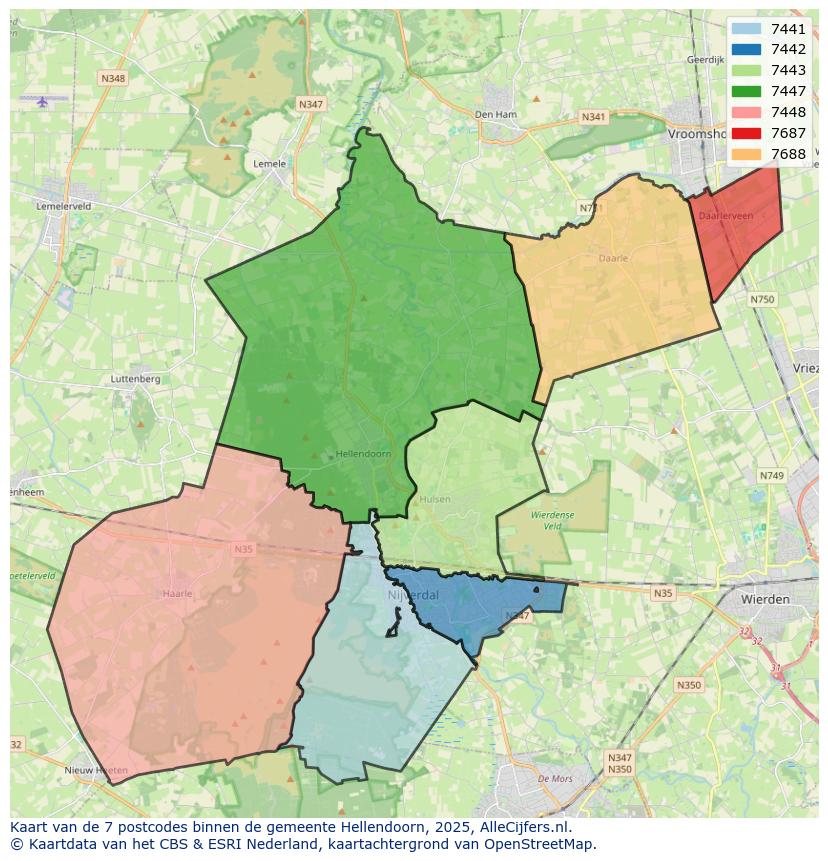 Afbeelding van de postcodes in de gemeente Hellendoorn op de kaart.