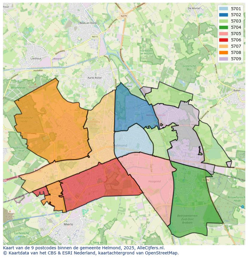Afbeelding van de postcodes in de gemeente Helmond op de kaart.