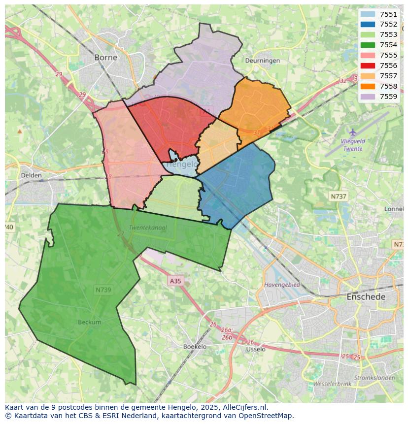 Afbeelding van de postcodes in de gemeente Hengelo op de kaart.